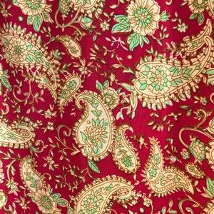 red silk print midi skirt